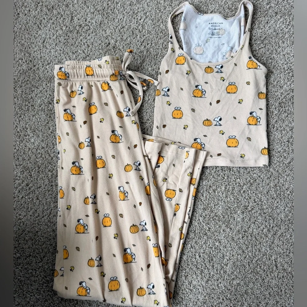 American Eagle Outfitters Snoopy Pumpkin Pajama Set - Cream and Orange - Picture 1 of 4